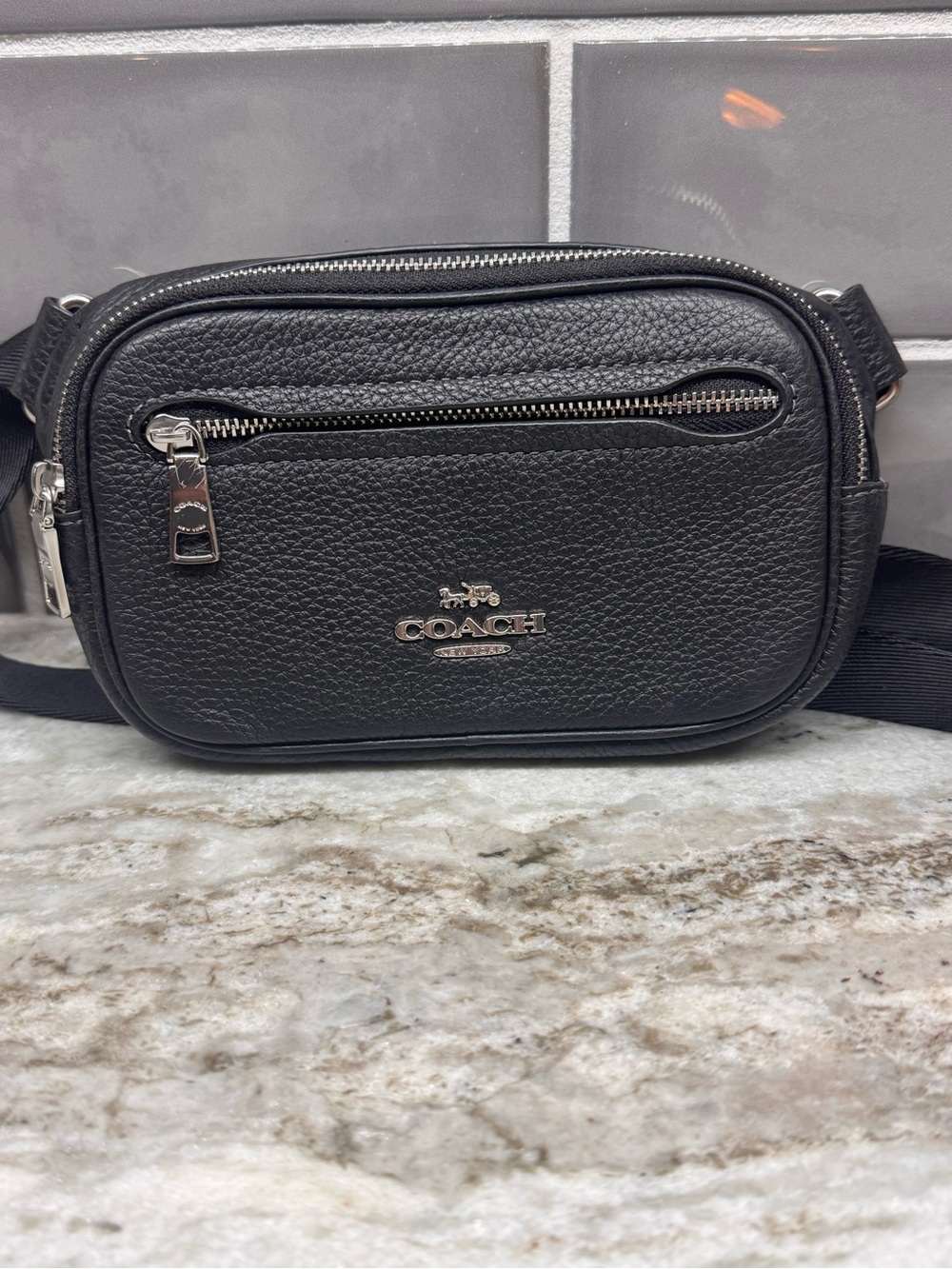 Coach Black Pebbled Leather Belt Bag with Silver Hardware